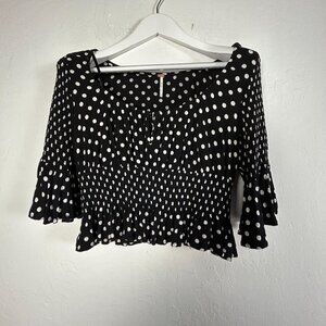 Free People Womens Polka Dot Smocked Peplum Crop Top Medium Black Bell Sleeves